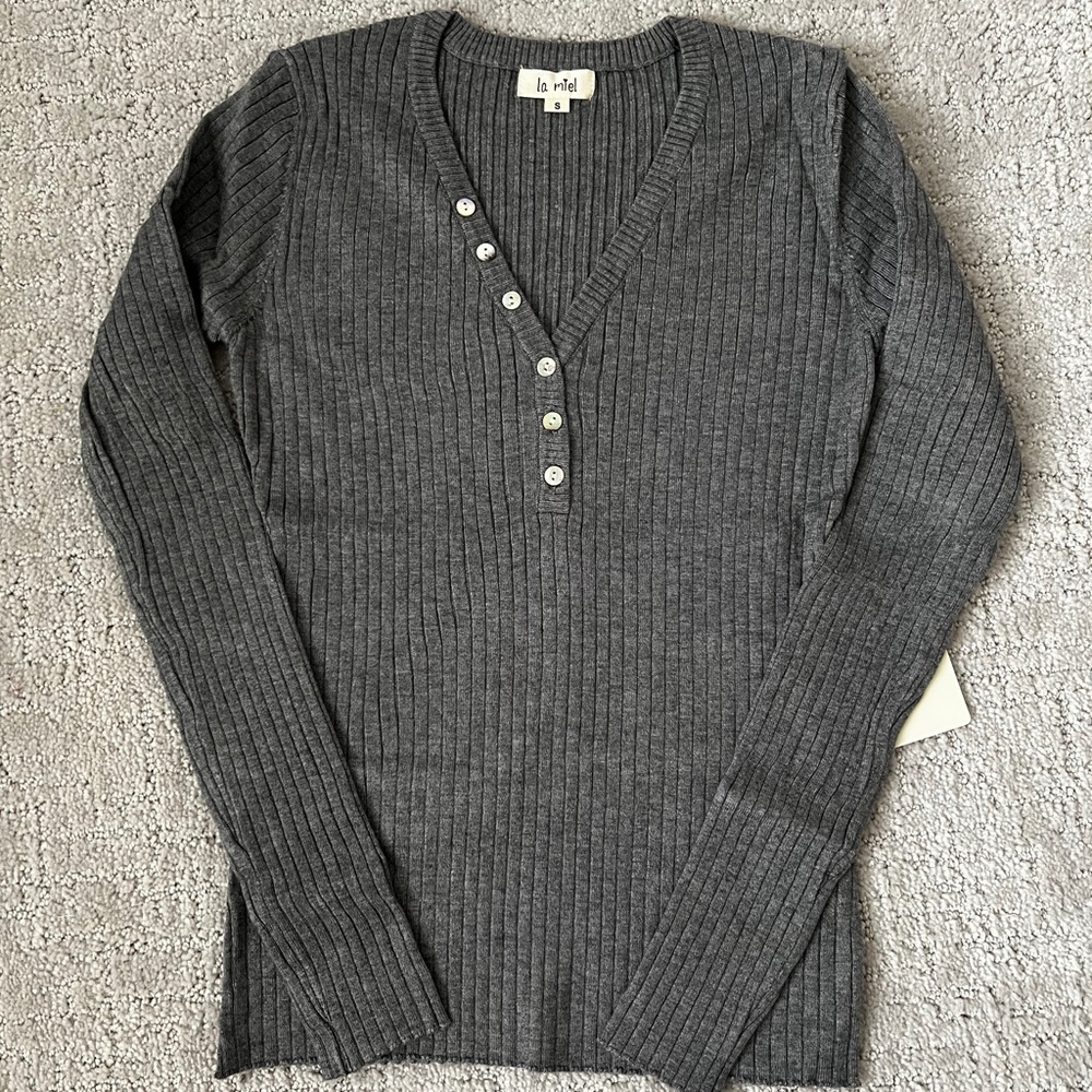 Rib knit Henley long sleeve top